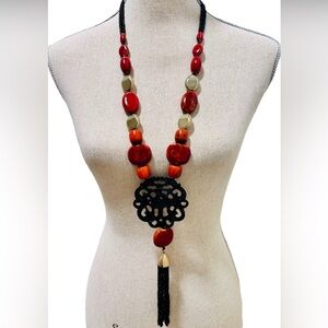 Necklace Asian Black Koi Red Orange Beads 24” Costume Statement Art Deco
